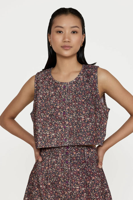 Floral Corduroy Cropped Button Vest