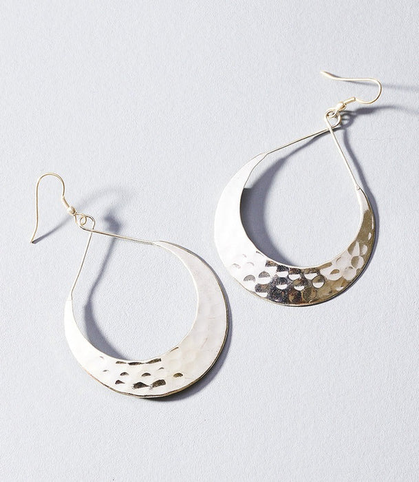 Lunar Crescent Hammered Silver Hoop Earrings