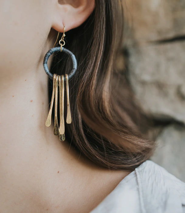 Kaia Brass Tassel Earrings - Blue Thread Wrapped