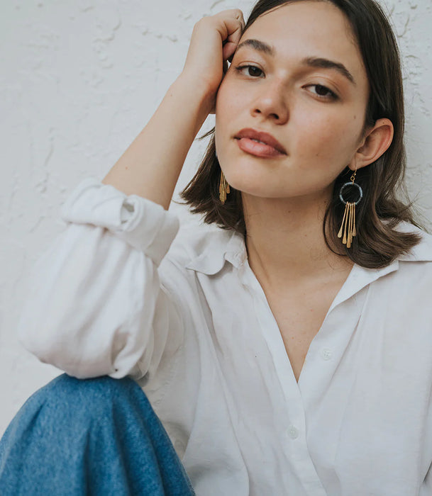 Kaia Brass Tassel Earrings - Blue Thread Wrapped