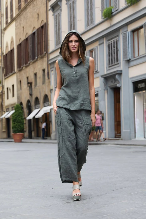 Wide Leg Stripe Linen Ankle Pant