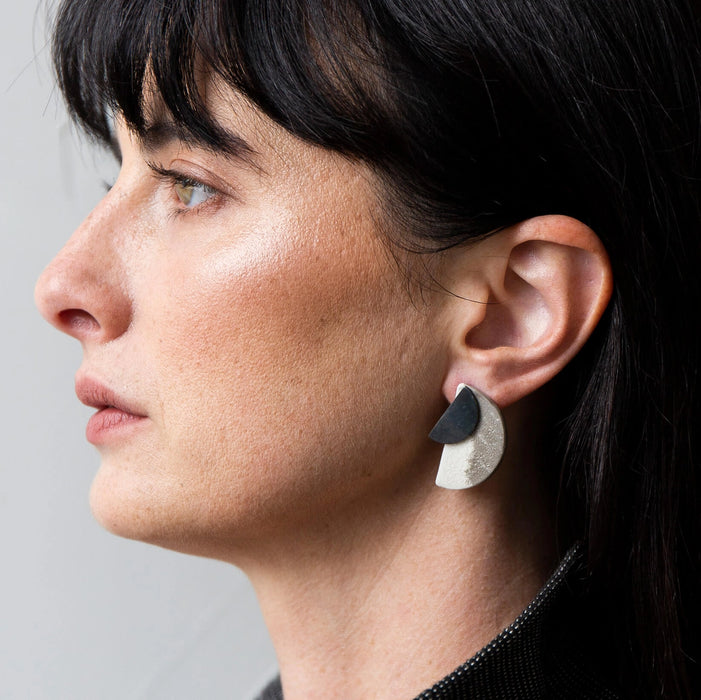Half Moon 2-in-1 Earrings - Raku & Oxidized Brass