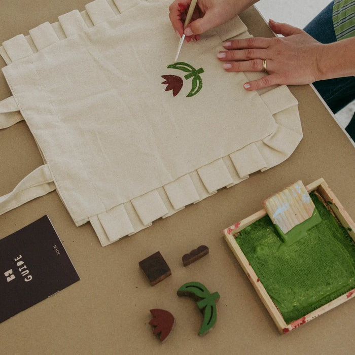Tulip Block Printing Kit - Ruffle Tote Set | Hand-Carved Wood Blocks & Canvas Bag