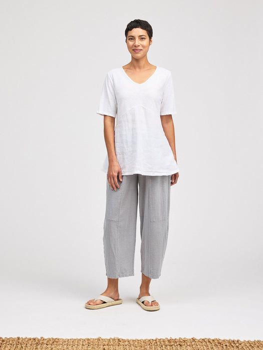 Linen Combo V-Neck Elbow Sleeve Top