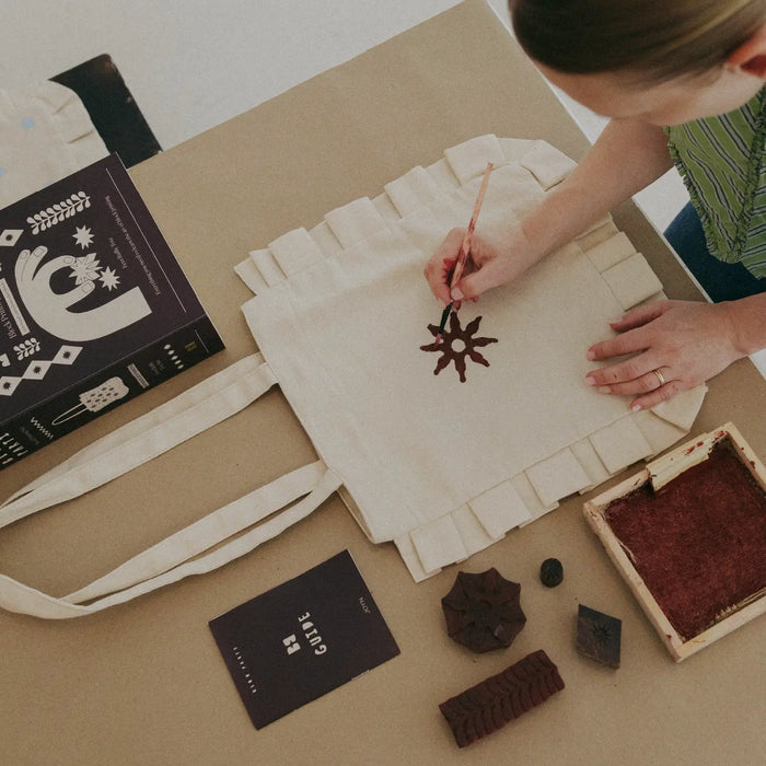 Fern Block Printing Kit - Ruffle Tote Set | Hand-Carved Wood Blocks & Canvas Bag