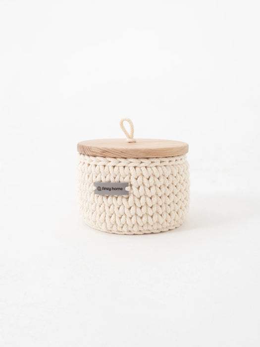Recycled Cotton Round Storage Basket w/Wooden Lid
