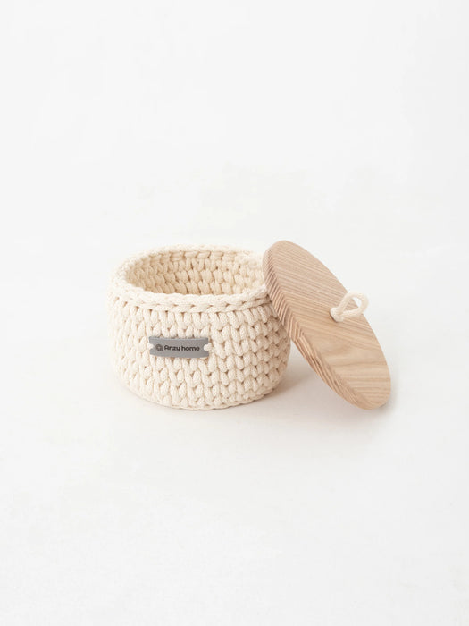 Recycled Cotton Round Storage Basket w/Wooden Lid