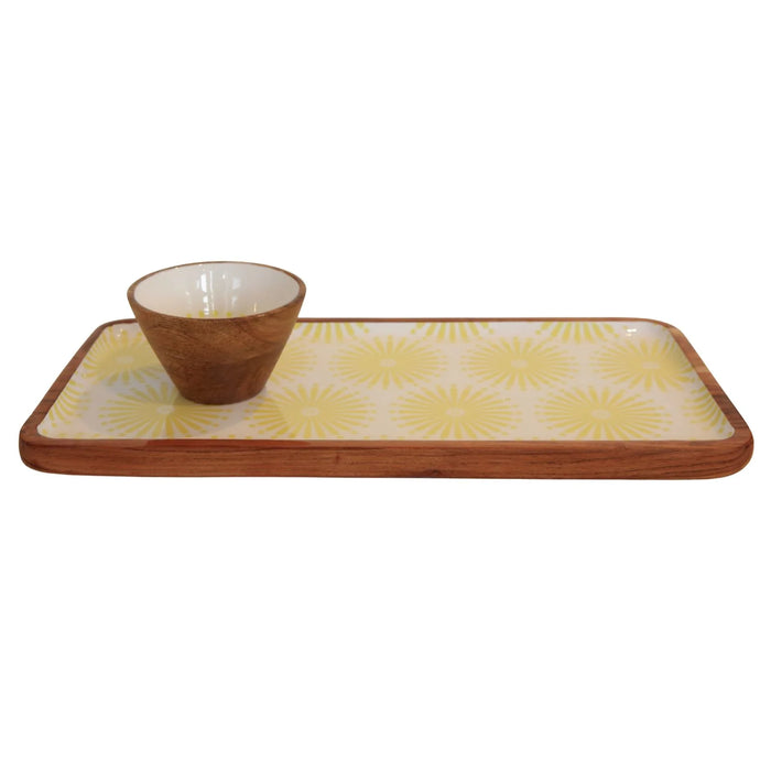 Sunburst Acacia & Enamel Bowl/Tray Set