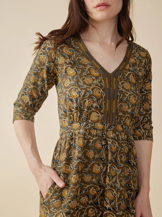 Jaya Olive Kalamkari Dress