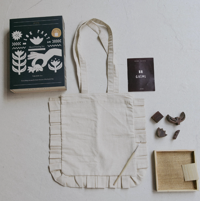 Tulip Block Printing Kit - Ruffle Tote Set | Hand-Carved Wood Blocks & Canvas Bag