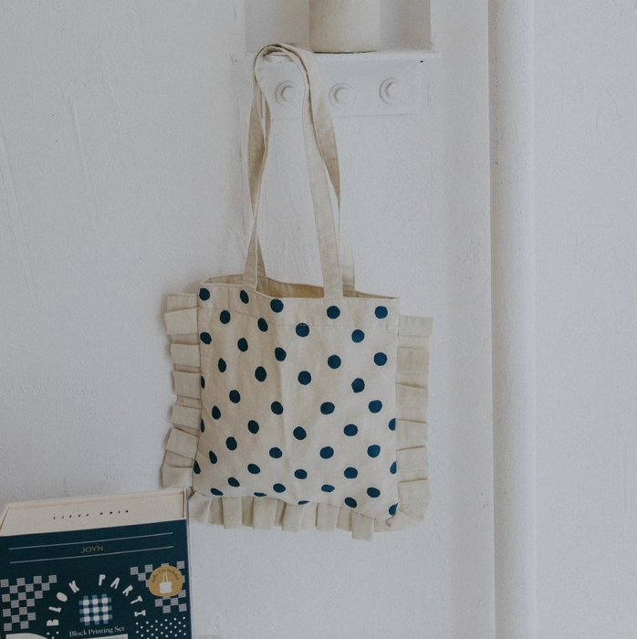 Gingham Block Printing Kit - Ruffle Tote Set | Hand-Carved Wood Blocks & Canvas Bag
