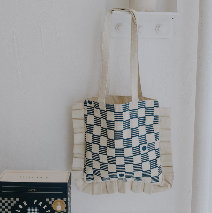 Gingham Block Printing Kit - Ruffle Tote Set | Hand-Carved Wood Blocks & Canvas Bag
