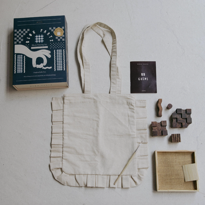 Gingham Block Printing Kit - Ruffle Tote Set | Hand-Carved Wood Blocks & Canvas Bag