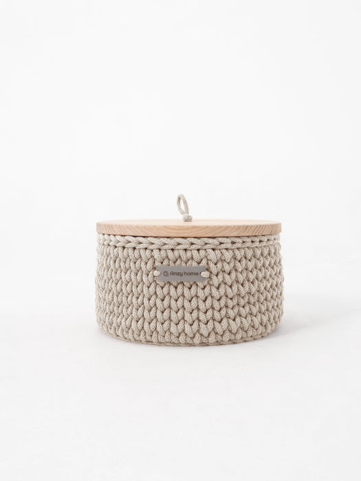 Recycled Cotton Round Storage Basket w/Wooden Lid