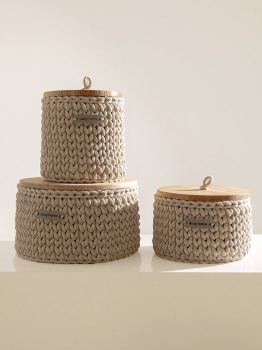 Recycled Cotton Round Storage Basket w/Wooden Lid