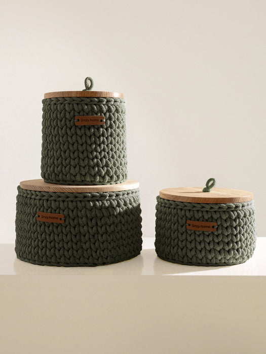 Recycled Cotton Round Storage Basket w/Wooden Lid