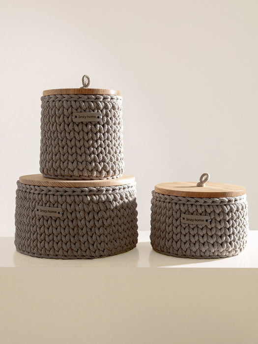 Recycled Cotton Round Storage Basket w/Wooden Lid