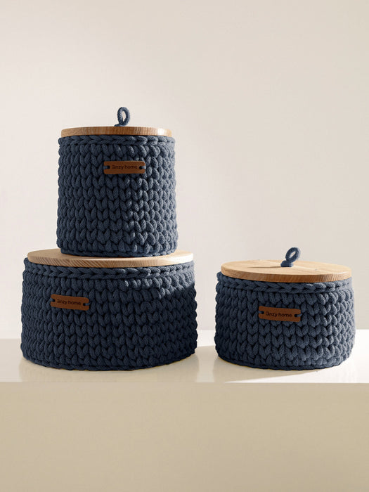 Recycled Cotton Round Storage Basket w/Wooden Lid
