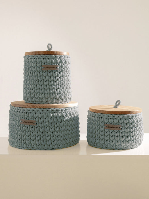 Recycled Cotton Round Storage Basket w/Wooden Lid