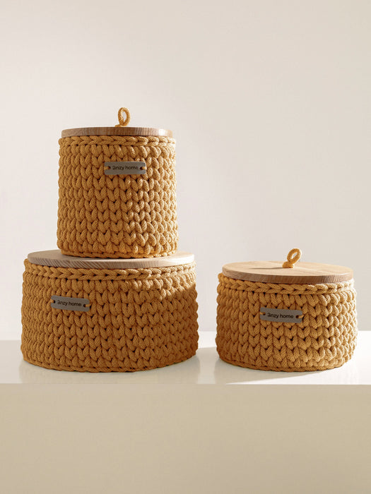 Recycled Cotton Round Storage Basket w/Wooden Lid