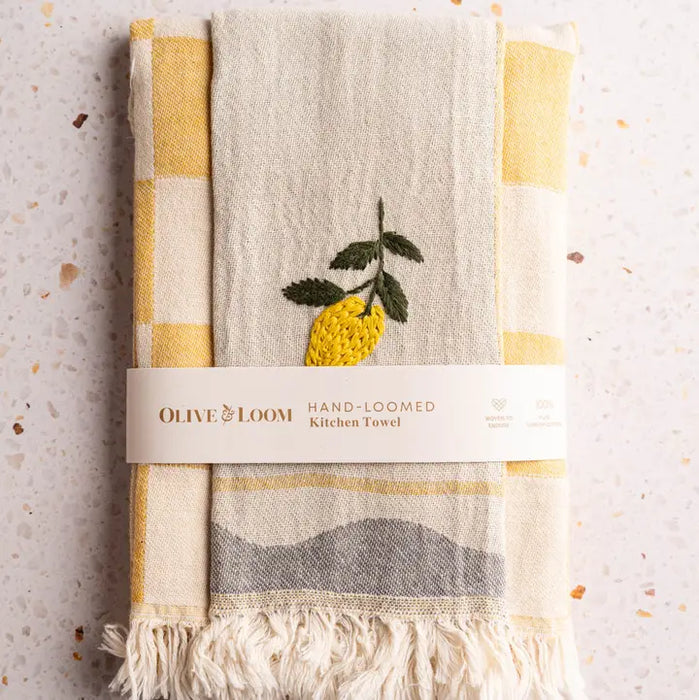 Lemon Hand Stitched Kitchen Towel - Set of 2