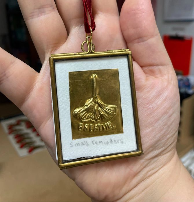 Breathe Gingko Leaf - Tiny Tin Embossing in Brass Frame