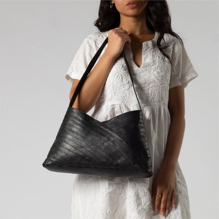 Pebbled Leather Crisscross Handbag - Black