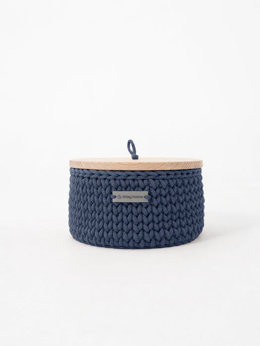 Recycled Cotton Round Storage Basket w/Wooden Lid
