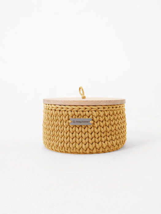 Recycled Cotton Round Storage Basket w/Wooden Lid