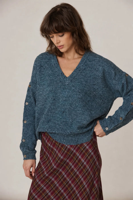 Button Sleeve V-Neck Sweater