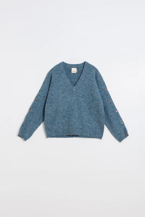 Button Sleeve V-Neck Sweater